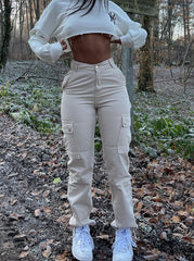 CityHottie - Straight Leg Cargo Pants Women High Waist Casual Baggy Pants Slim Vintage Y2k Streetwear Elastic Wide Leg Trousers Fashion Jeans