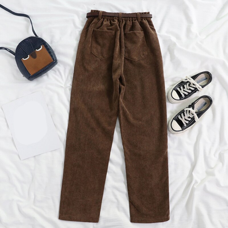 CityHottie - High Waist Wide Leg Corduroy Long Pants with Belt