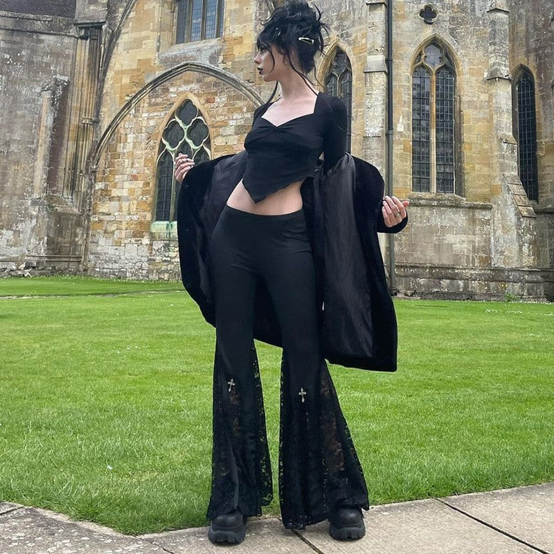CityHottie - Goth Mall Flare Pants Sexy Black Lace Patchwork High Waist Vintage Harajuku Hippie Punk Grunge Streetwear Y2k Pants