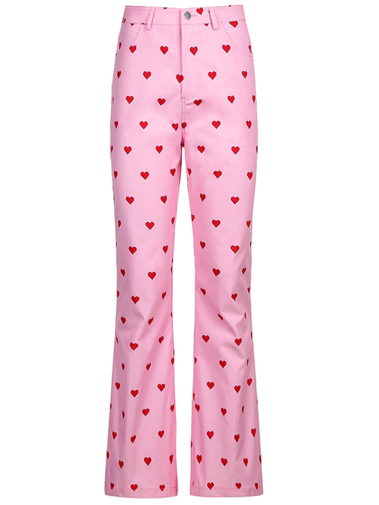 CityHottie - 2024 Fashion Trends Y2K Pink Pants Heart Printed Sweet Trousers Vintage Aesthetic Party Pants Pockets Joggers Festival Outfits Women New