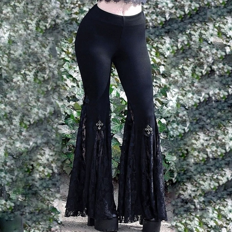 CityHottie - Goth Mall Flare Pants Sexy Black Lace Patchwork High Waist Vintage Harajuku Hippie Punk Grunge Streetwear Y2k Pants