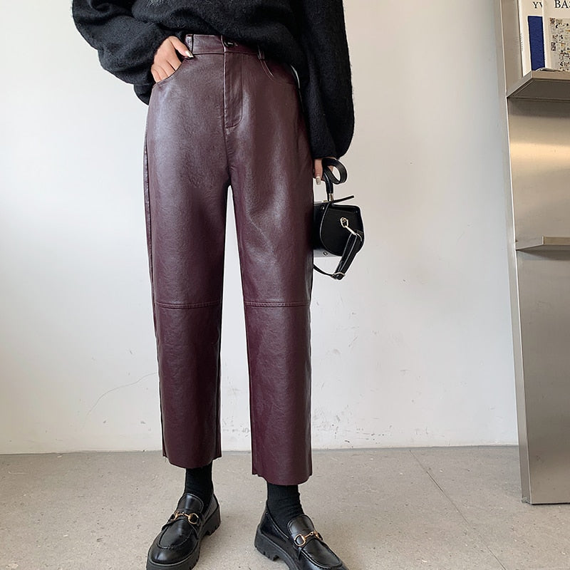 CityHottie - Burgundy Leather Pants Women Wide Leg Trousers Korean Style Y2k Fashion Loose Pants High Waisted Black Pu Baggy Pants