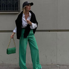 CityHottie - Outfits Trends New Spring Summer Women's Casual Straight Classic Green Black Rose Red High Waist Pants Korean Wide Leg Trousers for Women