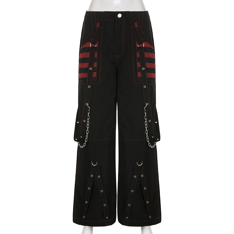 CityHottie - Fashion Trends Gothic Chain Bandage Wide leg Pants Women Oversize Low Rise Dark Academic Trousers Streetwear 90s Baggy Pant Punk Style