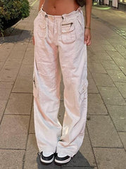 CityHottie - Women Spring Fashion Multi Pockets White Cargo Pants Women Adjustable Low Waist Baggy Wide Leg Jeans Oversized Casual Trousers Retro Bottoms Iamhotty