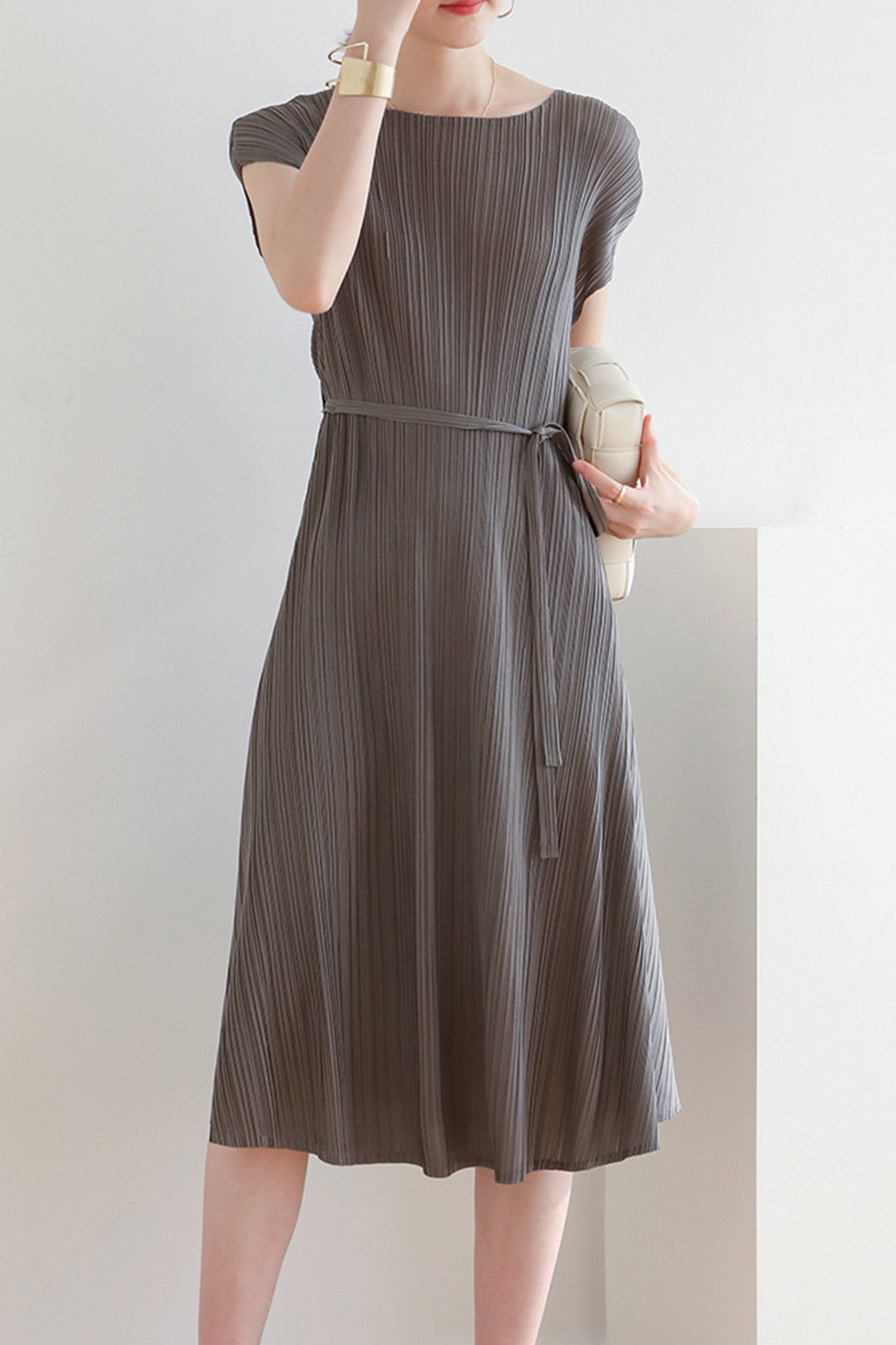 Solid Color Crew Neck Tie-Strap Dress