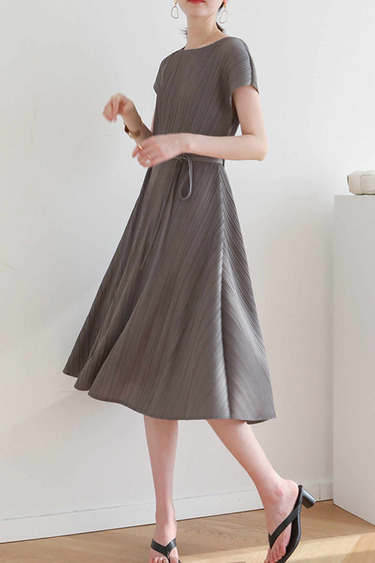 Solid Color Crew Neck Tie-Strap Dress