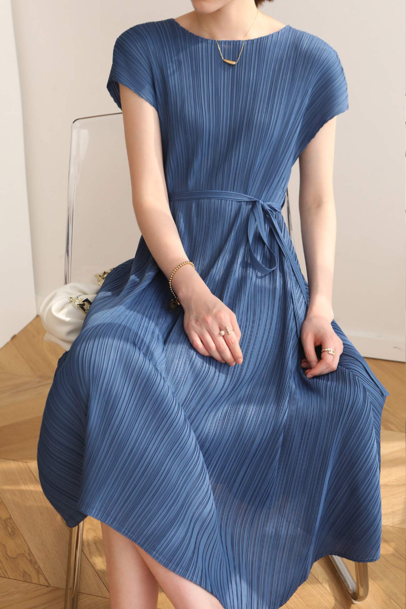 Solid Color Crew Neck Tie-Strap Dress