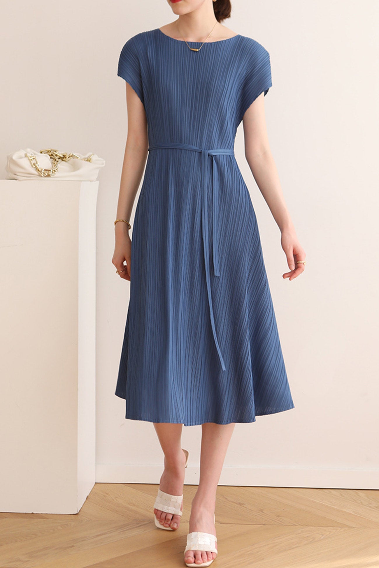 Solid Color Crew Neck Tie-Strap Dress