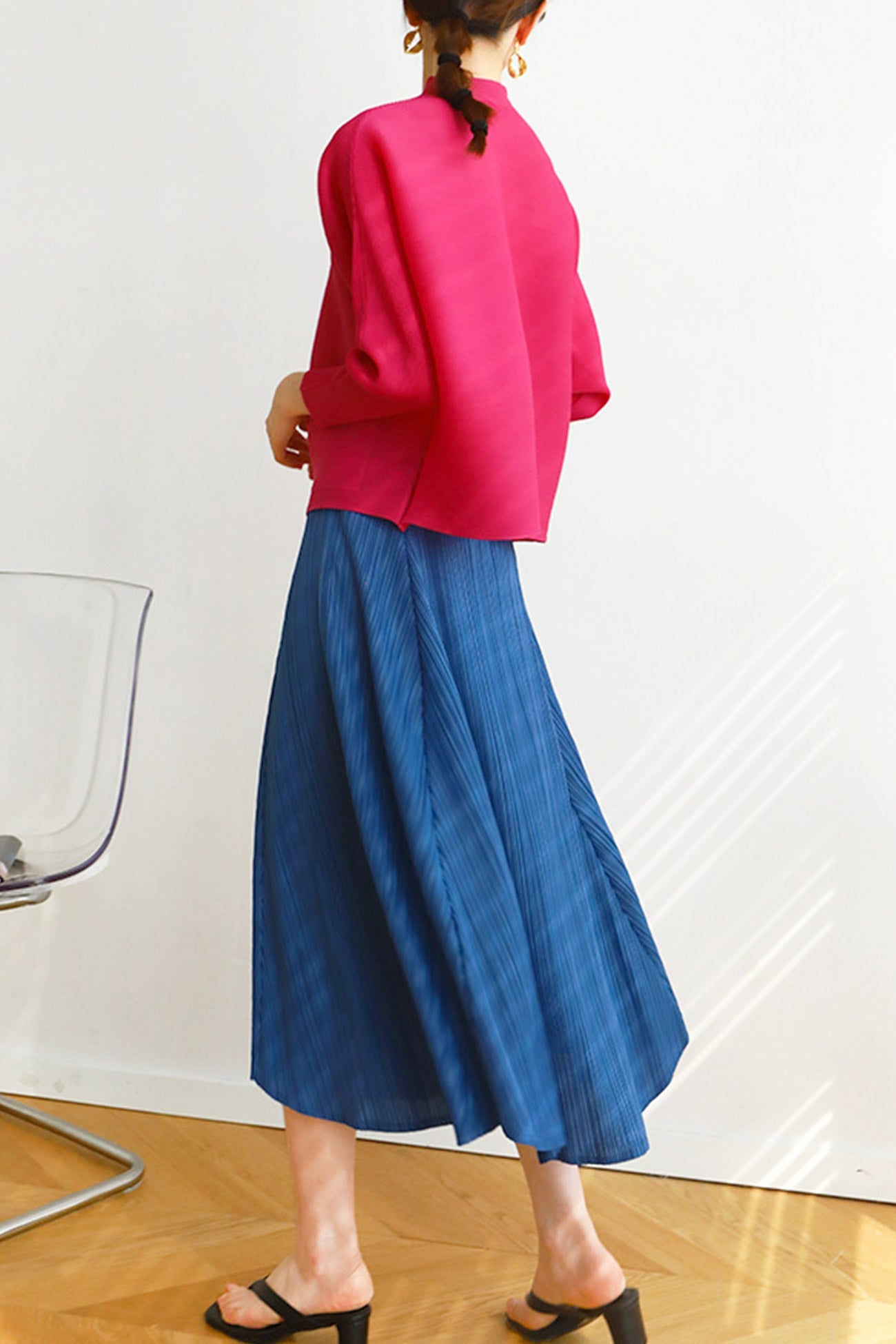 Solid Color Full Pleated High Waist Skirt