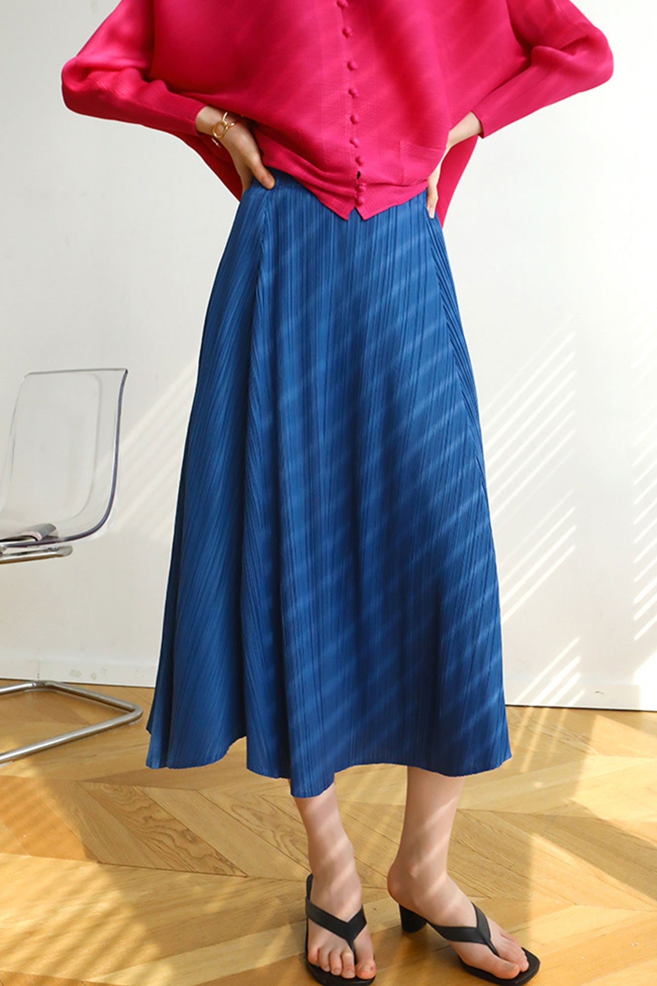Solid Color Full Pleated High Waist Skirt