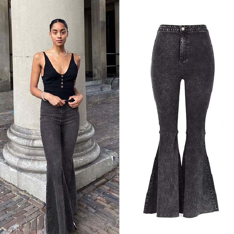 CityHottie - High Quality Women retro high waist jeans spring autumn stretch wash thin wide leg pants flared denim trousers female J034