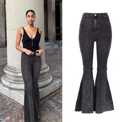 CityHottie - High Quality Women retro high waist jeans spring autumn stretch wash thin wide leg pants flared denim trousers female J034