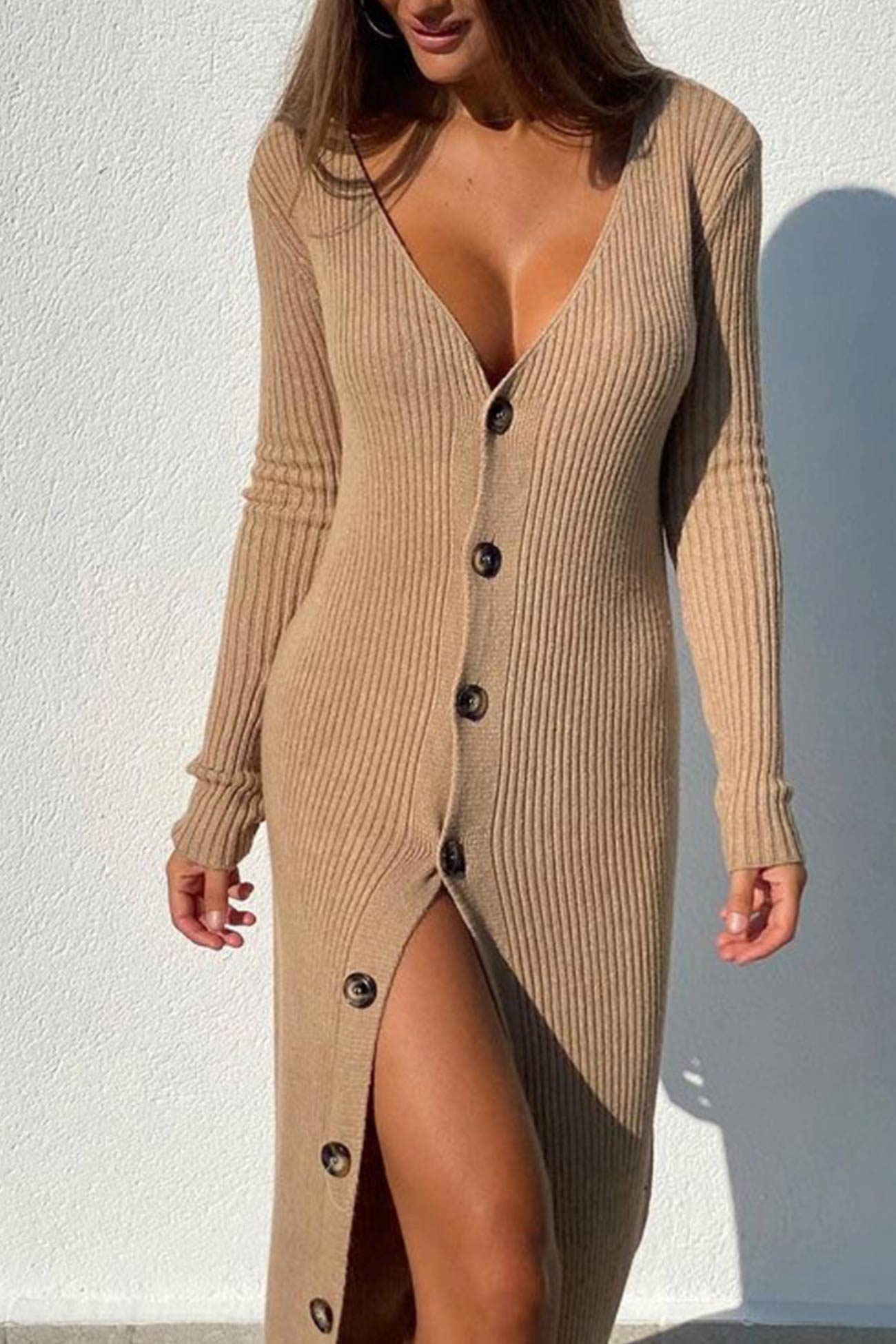 V Neck Single-breasted Solid Color Knitted Dress