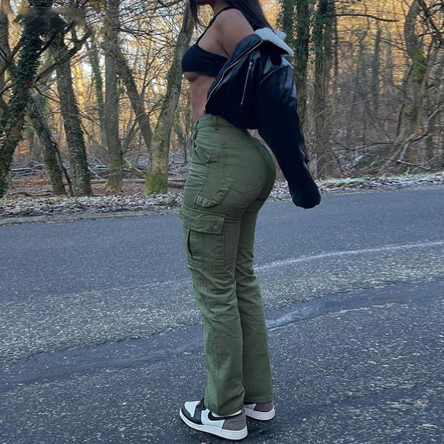 CityHottie - Straight Leg Cargo Pants Women High Waist Casual Baggy Pants Slim Vintage Y2k Streetwear Elastic Wide Leg Trousers Fashion Jeans
