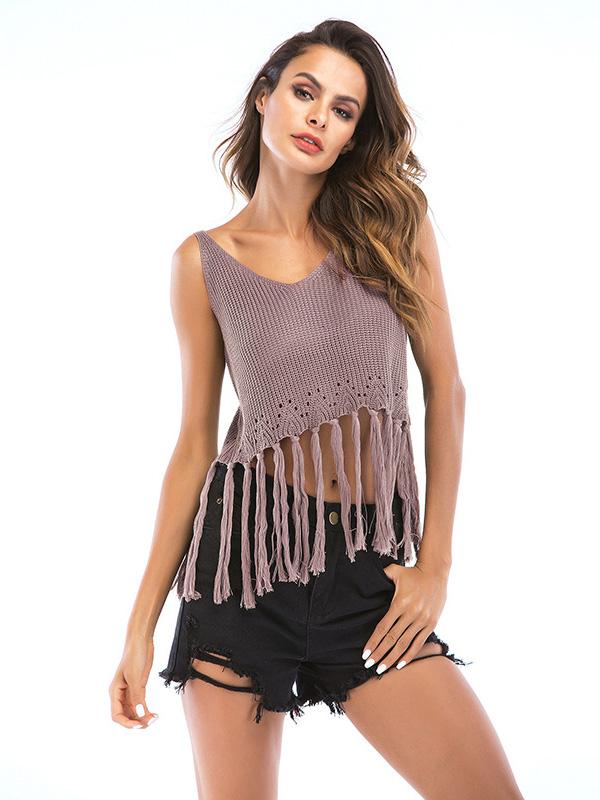 Short Style Sleeveless Fringed Top