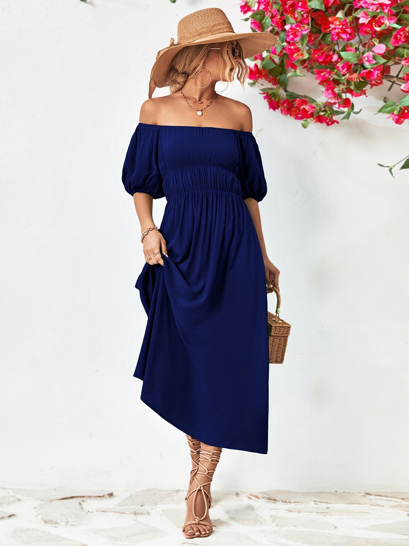 Off-Shoulder Balloon Casual Sleeve Midi Dress