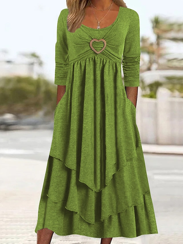 CityHottie - Women's Casual Dress Swing Dress Midi Dress Green Light Grey Dark Gray Long Sleeve Pure Color Ruched Winter Fall Spring U Neck Fashion Vacation 2024 S M L XL XXL 3XL