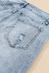 Sky Blue Light Wash Frayed Slim Fit High Waist Jeans