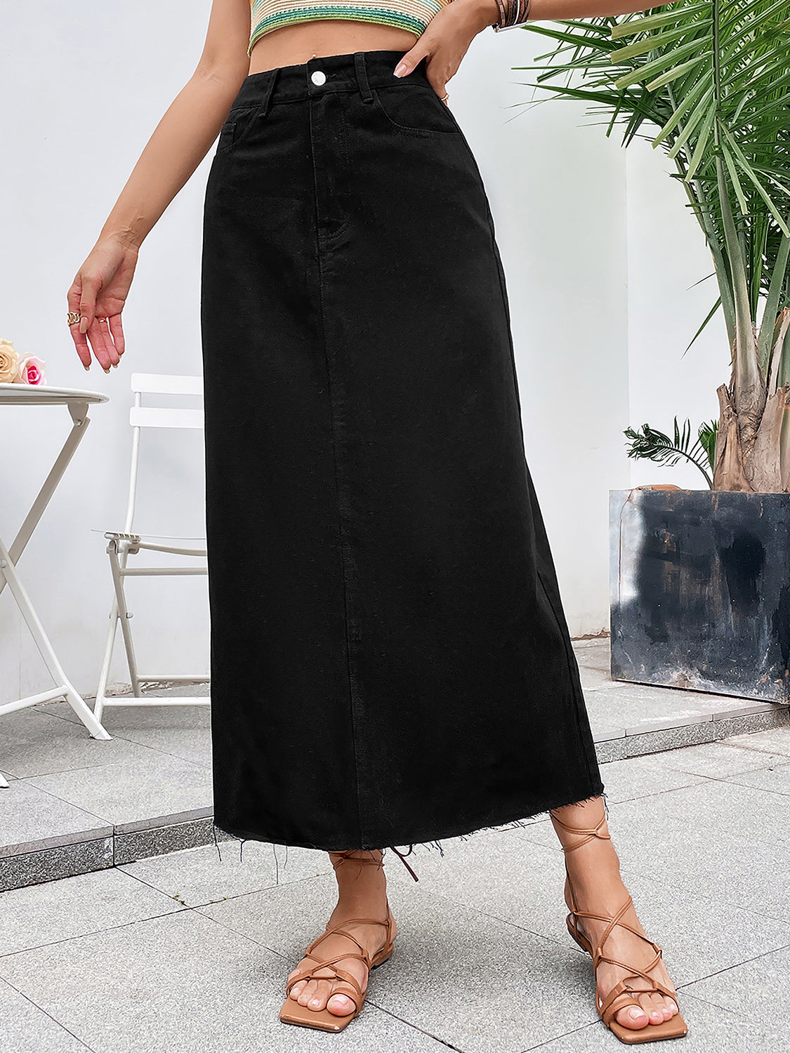 Raw Hem Midi Denim Skirt