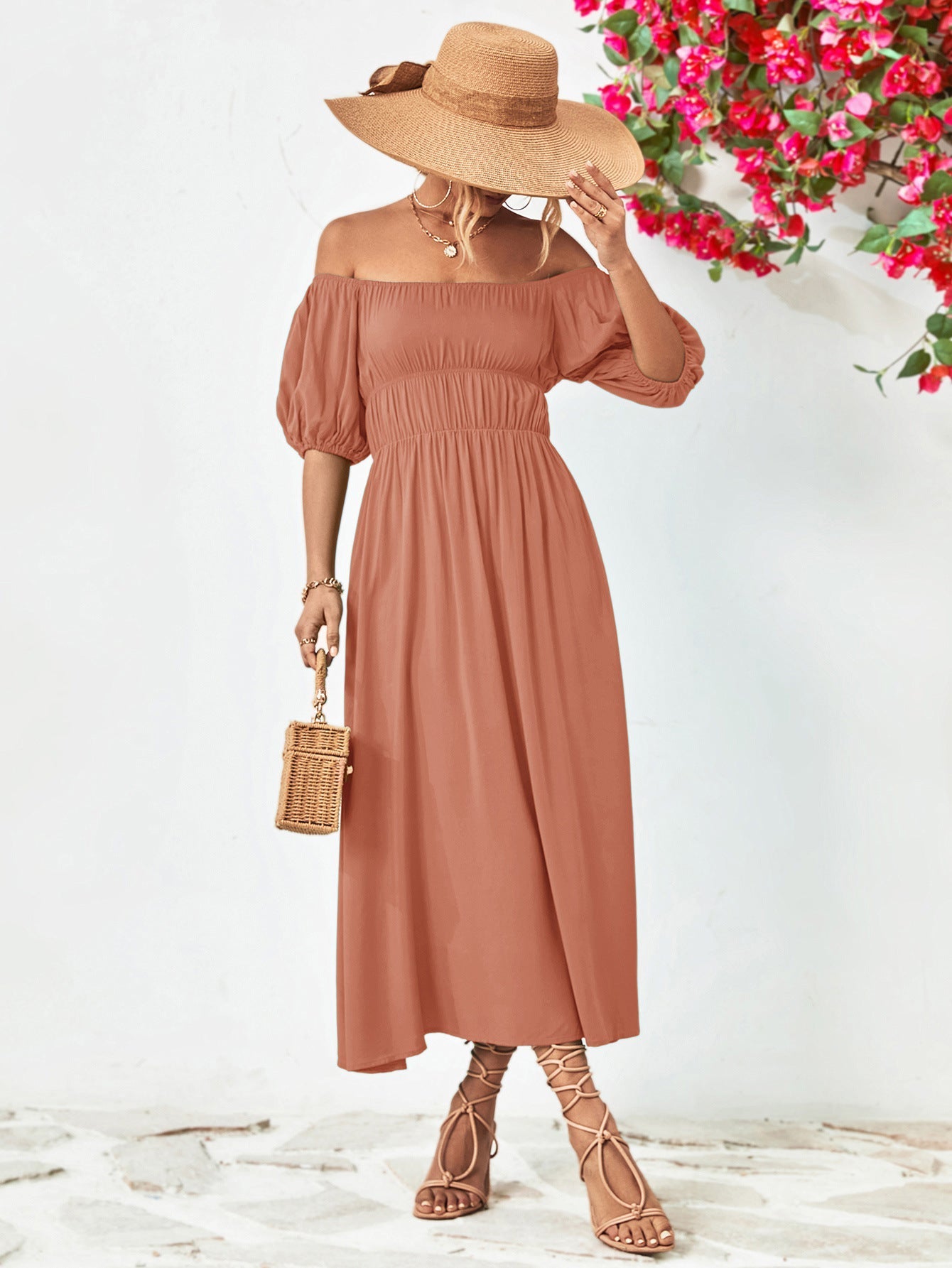Off-Shoulder Balloon Casual Sleeve Midi Dress Pale Blush casual dress casual dresses clothes midi dress midi dresses Ship From Overseas short sleeve dress short sleeve dresses YO