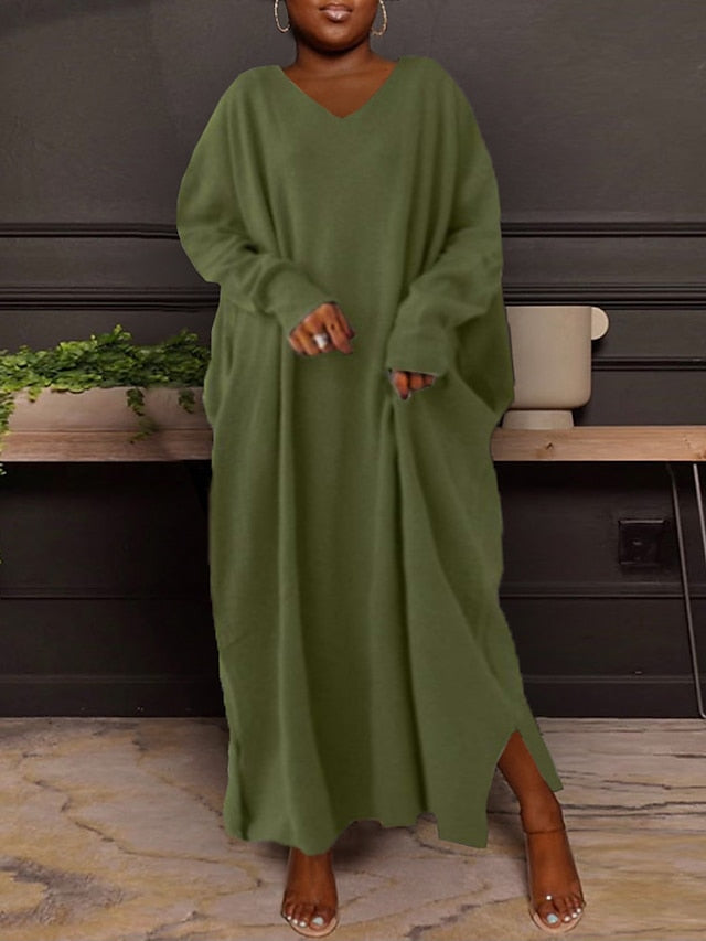 CityHottie - Women's Plus Size Casual Dress Solid Color V Neck Long Sleeve Winter Fall Basic Casual Maxi long Dress Daily Vacation Dress