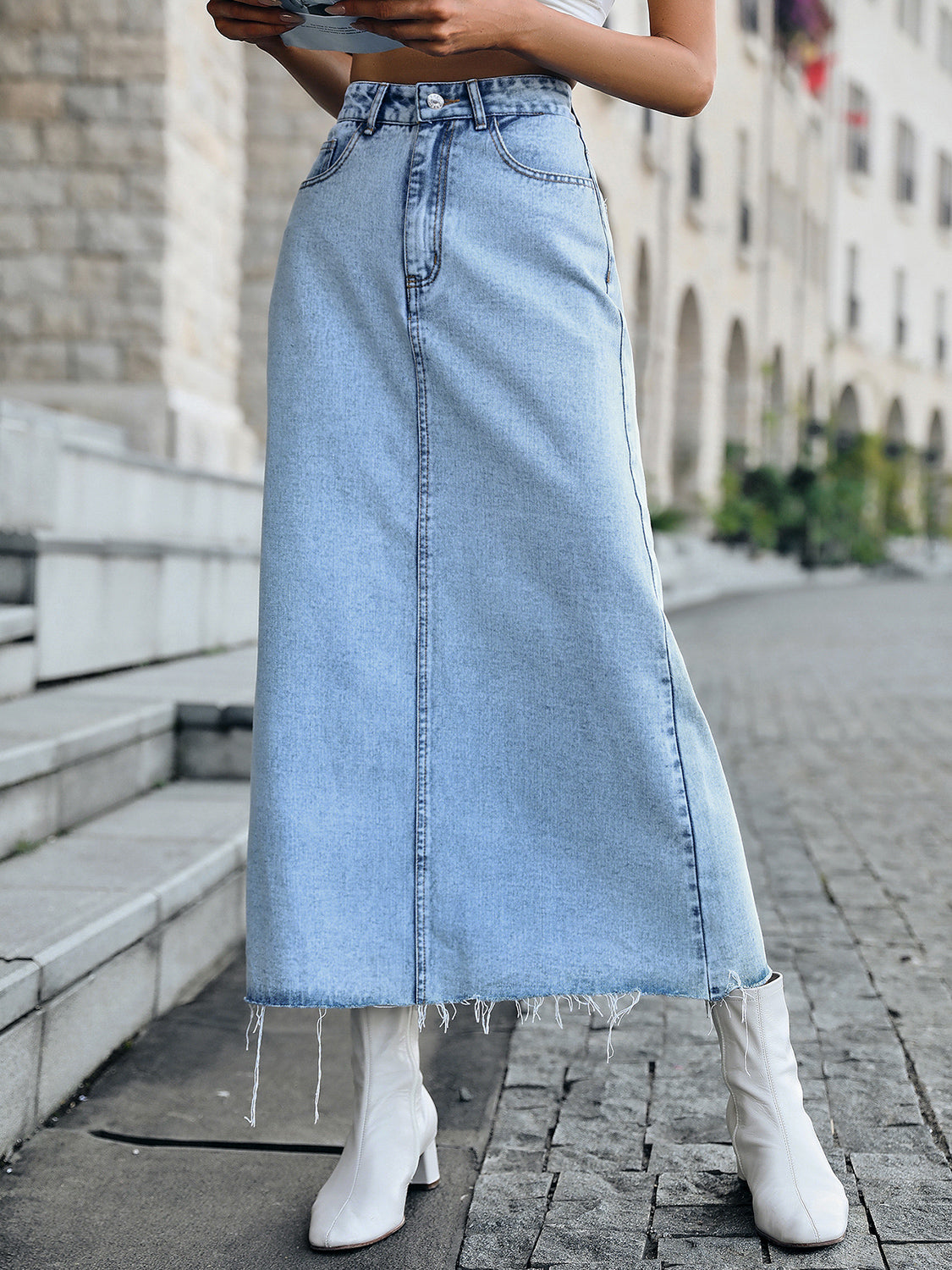 Raw Hem Midi Denim Skirt