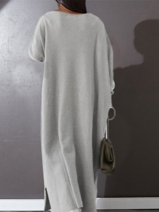 CityHottie - Women's Plus Size Casual Dress Solid Color V Neck Long Sleeve Winter Fall Basic Casual Maxi long Dress Daily Vacation Dress