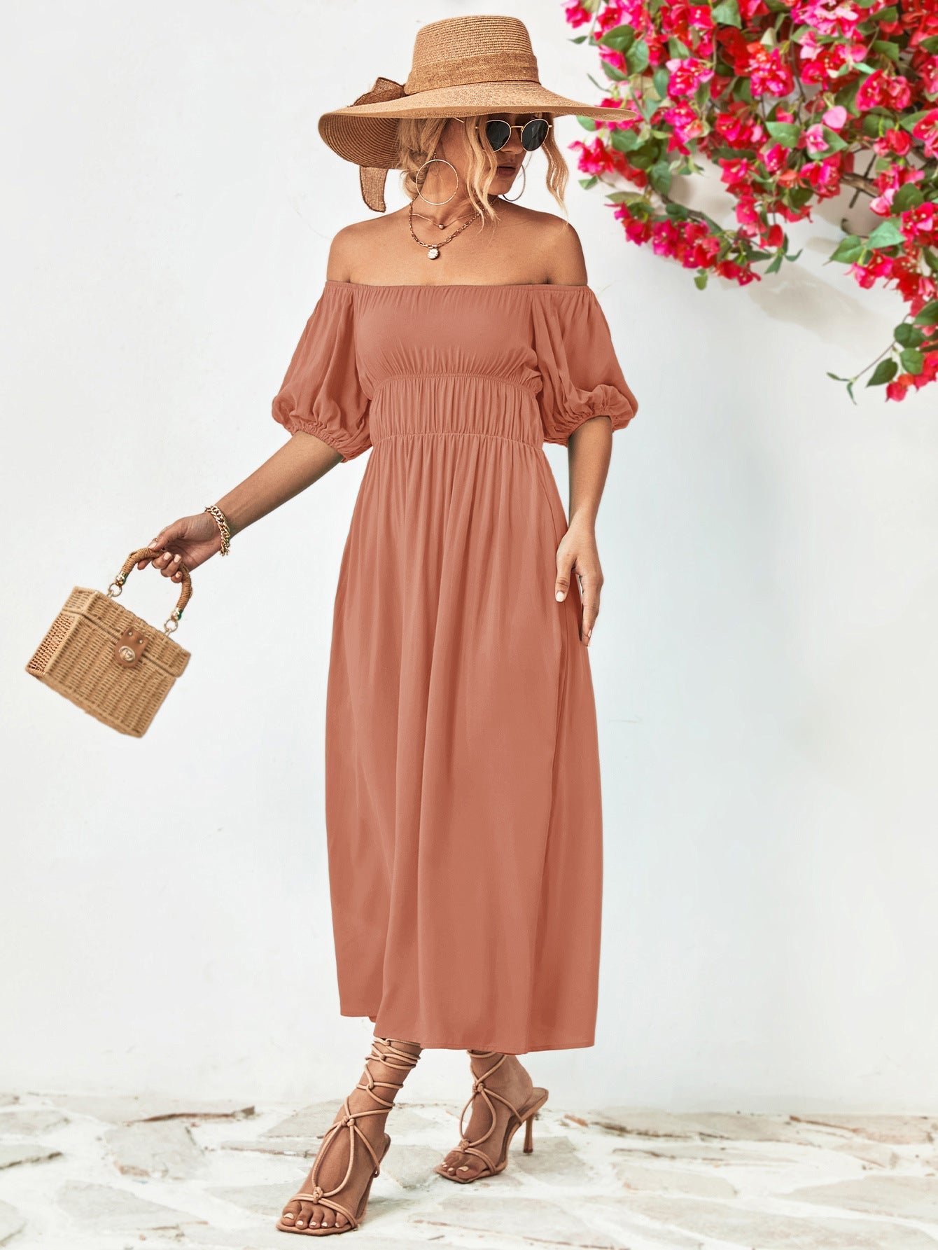 Off-Shoulder Balloon Casual Sleeve Midi Dress