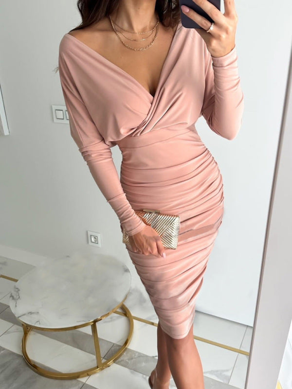 Women's Solid Color Ruched Faux Wrap Dress Pink clothes dress dresses midi dresses