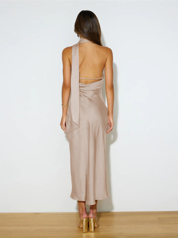 Satin Design Slit Dress Sexy Backless Evening Gown