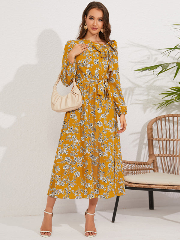 Pleated long-sleeved floral retro bow dress Yellow clothes dresses floral dress long sleeve dress long sleeve dresses long sleve dresses midi dresses office dress office dresses Print Floral work dress