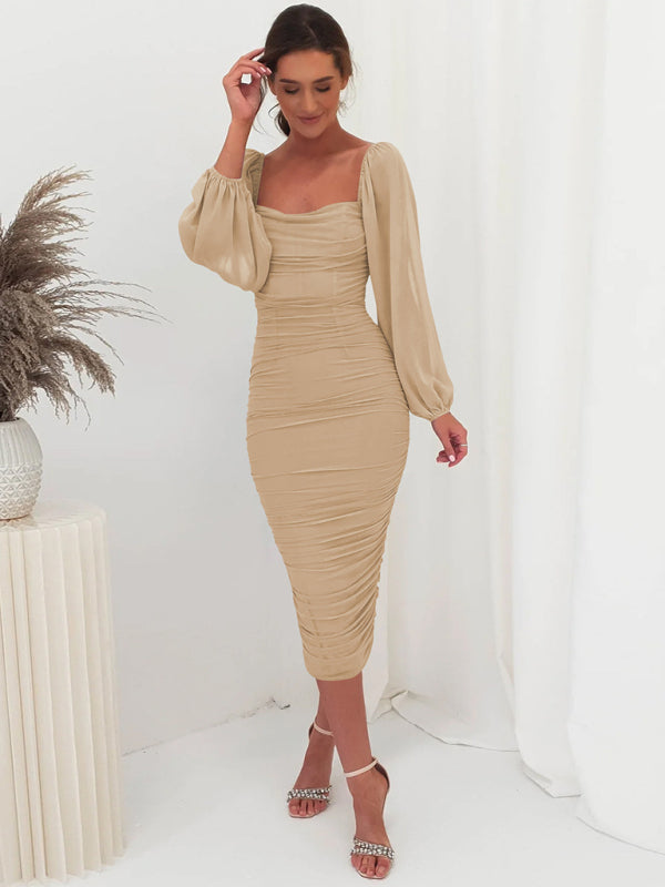 Square neck pleated lantern sleeve slit light Midi dress