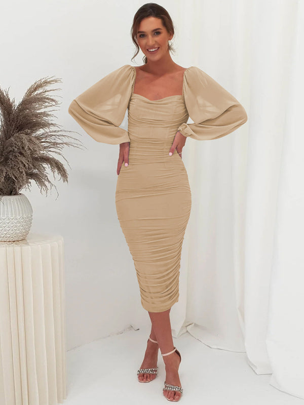 Square neck pleated lantern sleeve slit light Midi dress