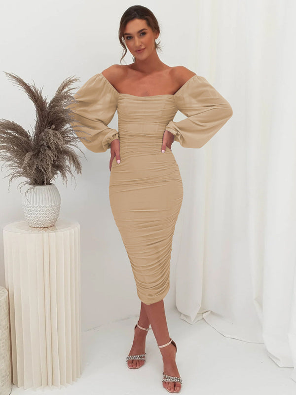 Square neck pleated lantern sleeve slit light Midi dress Cracker khaki clothes elegant dress Elegant dresses formal dress formal dresses long sleeve dress long sleeve dresses midi dress midi dresses