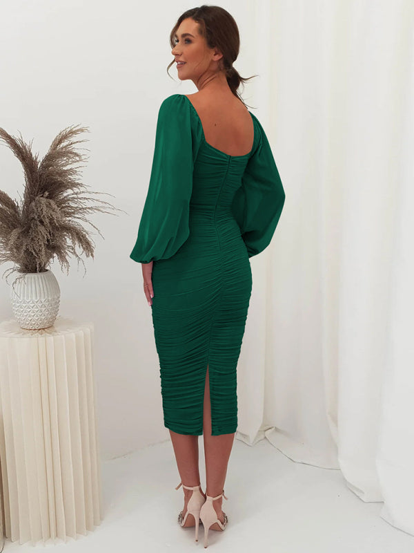 Square neck pleated lantern sleeve slit light Midi dress