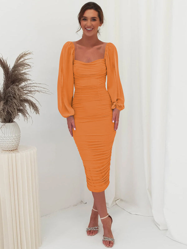 Square neck pleated lantern sleeve slit light Midi dress