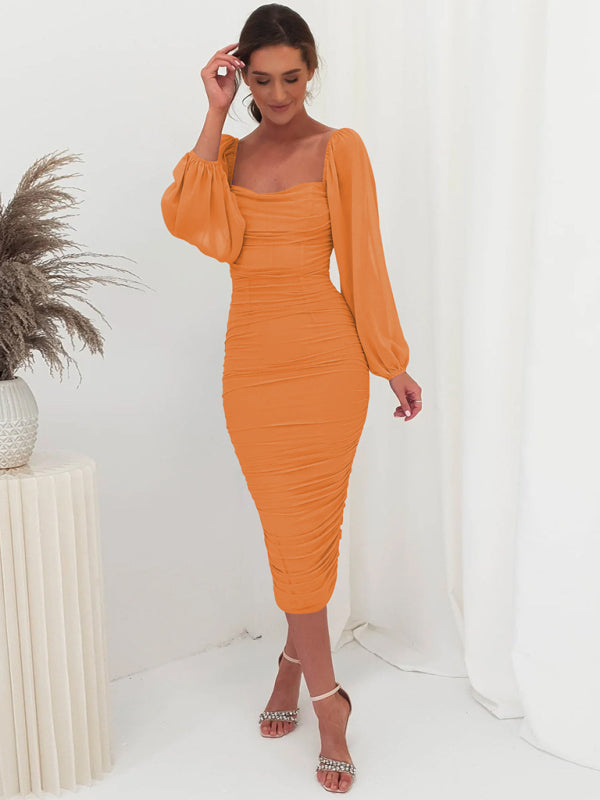 Square neck pleated lantern sleeve slit light Midi dress