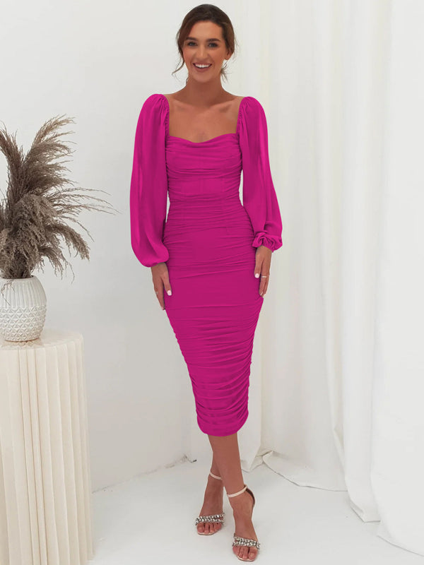 Square neck pleated lantern sleeve slit light Midi dress