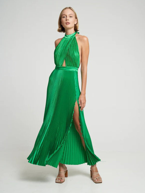 Sleeveless halterneck lace-up slim fit pleated dress Green clothes dress dresses evening evening dress evening dresses formal dress formal dresses midi dress midi dresses short sleeve dress short sleeve dresses