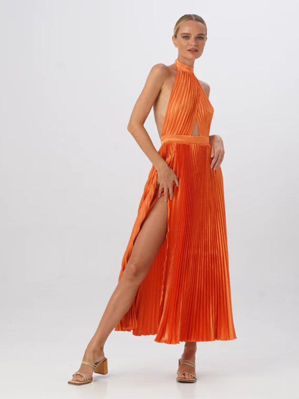 Sleeveless halterneck lace-up slim fit pleated dress Orange clothes dress dresses evening evening dress evening dresses formal dress formal dresses midi dress midi dresses short sleeve dress short sleeve dresses