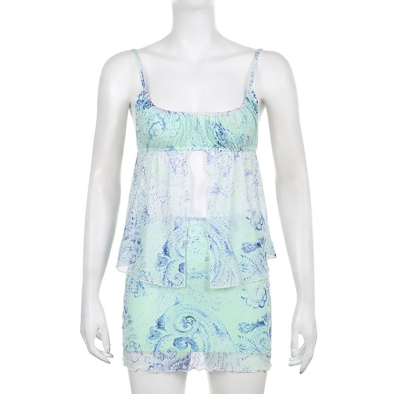 Mesh abstract print square neck slit backless cami mini skirt set