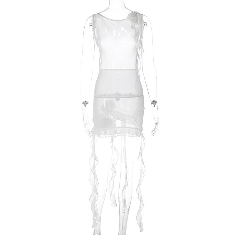 Sheer mesh see through solid ruffle flower applique sleeveless mini dress