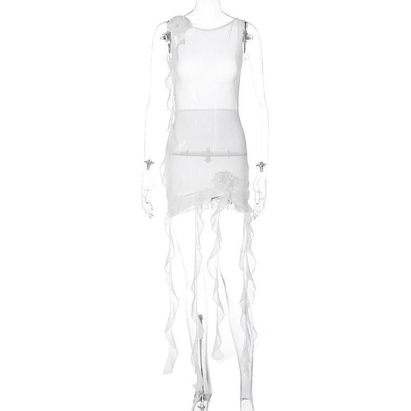 Sheer mesh see through solid ruffle flower applique sleeveless mini dress