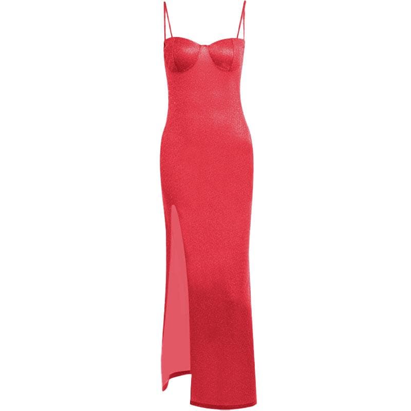 Slit backless textured square neck cami maxi dress