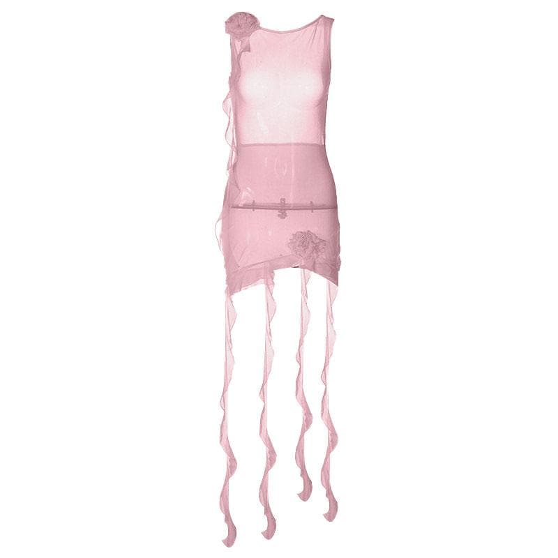 Sheer mesh see through solid ruffle flower applique sleeveless mini dress