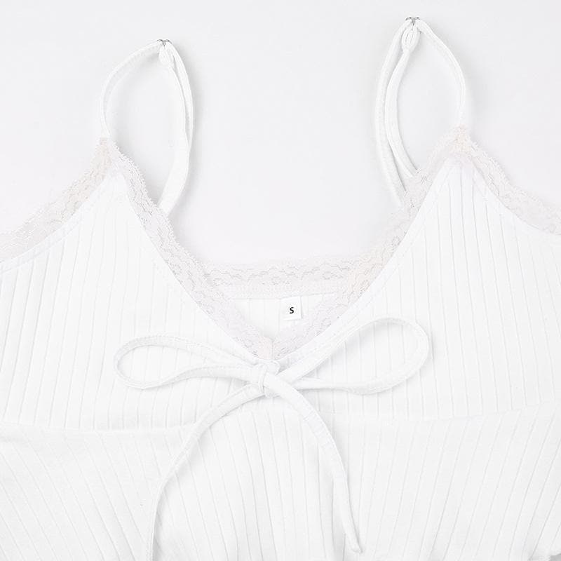 Drawstring ruffle solid self tie v neck cami pant set