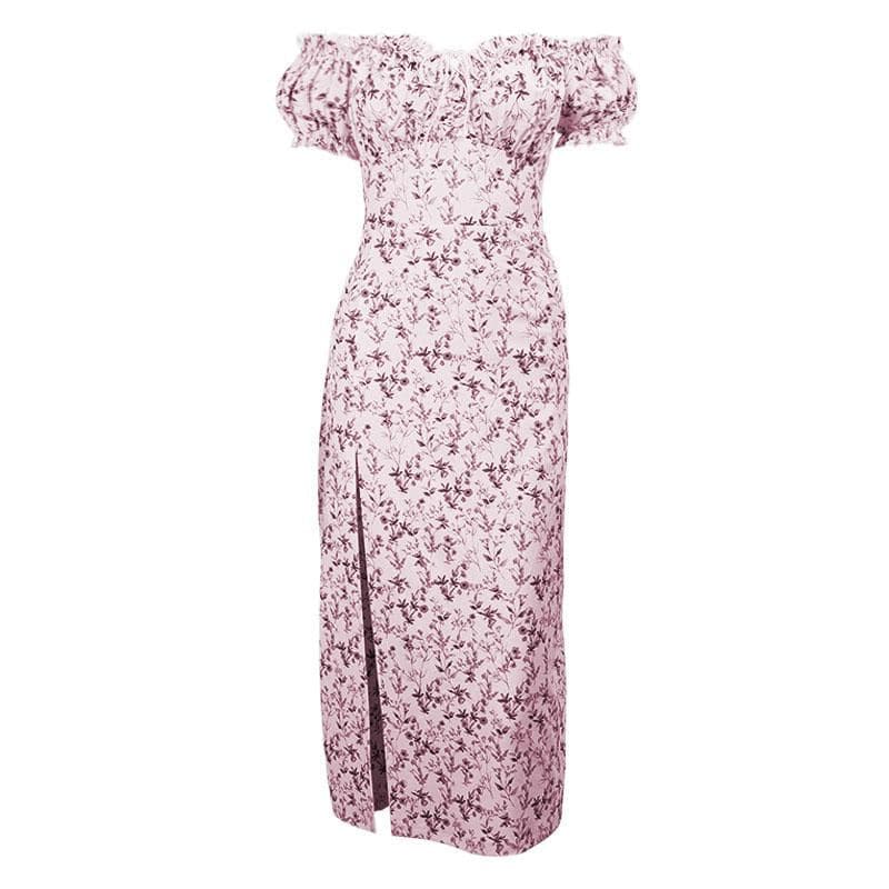 Short sleeve off shoulder puff sleeve slit flower pattern ruched midi dress