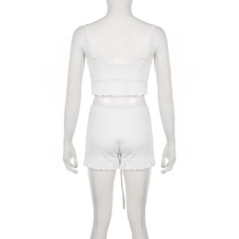 Drawstring ruffle solid self tie v neck cami pant set