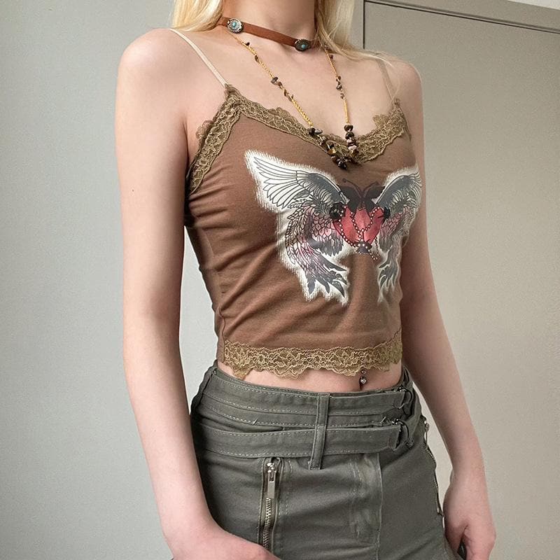 Abstract print contrast lace hem v neck backless cami crop top